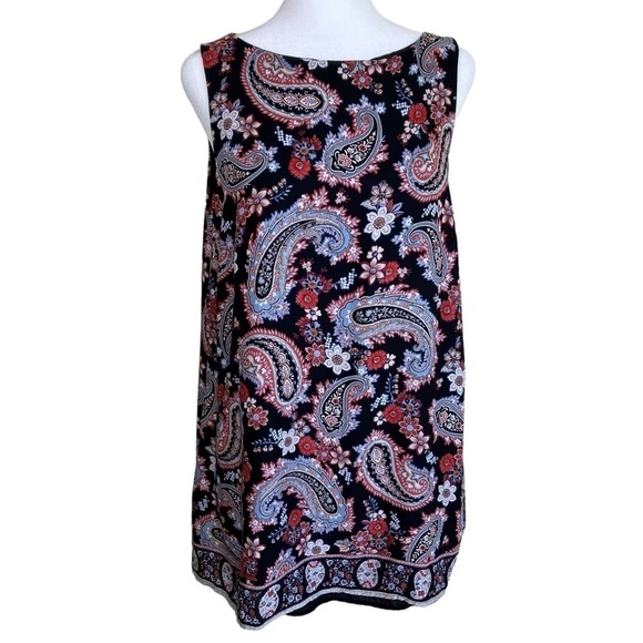 J.Jill Boho Sleeveless Floral Paisley Tunic Top Flyaway Back Red Black Sz SP - Picture 3 of 16